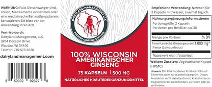 Dairyland American Ginseng Capsules, 75 ct (500 mg) – Authentic Wisconsin Ginseng Root Extract – Daily Herbal Supplement for Immune Support