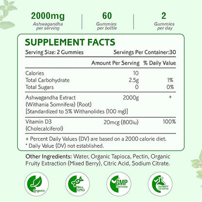 2 Pack Ashwagandha Gummies, Extra Strength Vitamin D3, Organic Ashwa Root Extract Supplement for Calm Mood Relaxation and Immune Support, Mixed Berry Vegan Chews 120 Count