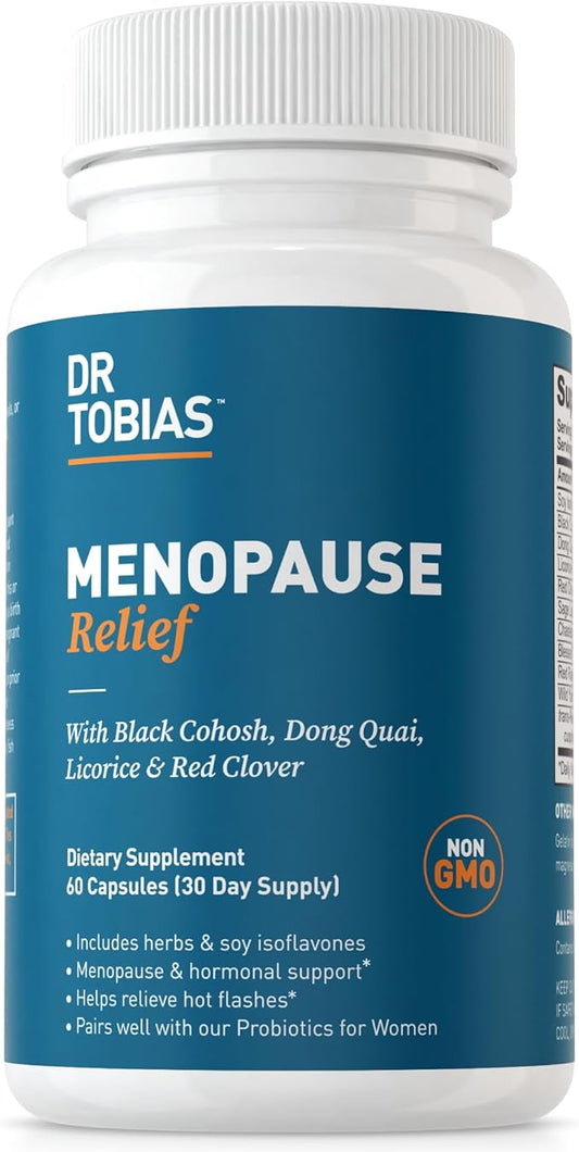 Dr. Tobias Menopause Relief with Black Cohosh, Soy Isoflavones, Don Quai, Hot Flash & Night Sweats Relief for Women, Non-GMO Menopause Supplements for Women, 60 Capsules, 30 Servings
