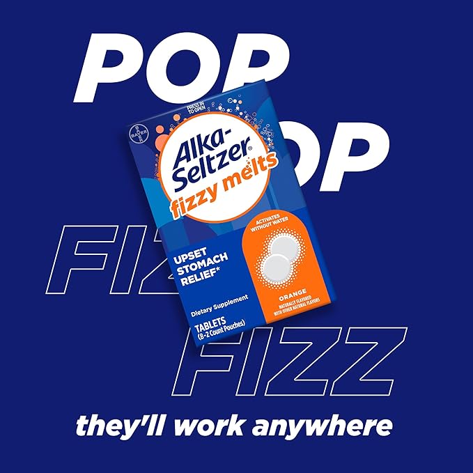 Alka-Seltzer Fizzy Melts, Dissolve on Tongue, No Water Needed, On-The-Go Dietary Supplement Antacid Tablets, for Relief of Occasional Heartburn and Acid Indigestion*, Orange Flavor, 64 Count
