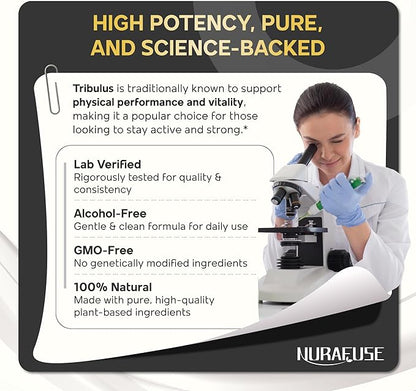 Organic Tribulus, Maca Root, Panax Ginseng, Ashwagandha Liquid Drops – 1670mg per Serving, Ultra Potent, Natural Taste, USA Made & Lab Tested – 2 FL OZ (60ml)