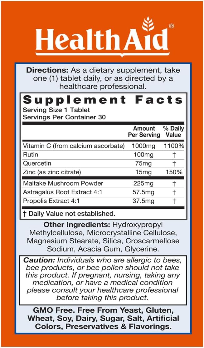 Immuprotect, 30 Tablets, Ultimate Immune Defense, Contains Vitamin C, Zinc, Quercetin, Rutin, Maitake, Propolis, and Astragalus, Once Daily, Vegetarian