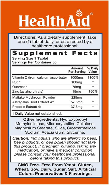 Immuprotect, 30 Tablets, Ultimate Immune Defense, Contains Vitamin C, Zinc, Quercetin, Rutin, Maitake, Propolis, and Astragalus, Once Daily, Vegetarian