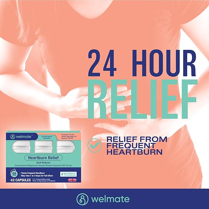 WELMATE - Esomeprazole Magnesium 20 mg - Heartburn Medicine - Acid Reducer - Delayed Release Heartburn Relief - 24hr Protection - for Men & Women - 84 Capsules - 2 Pack