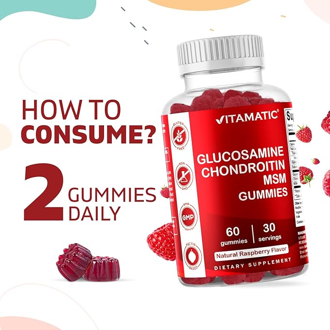 Vitamatic Glucosamine Chondroitin Gummies with MSM & Vitamin E – Joint Support Formula – 60 Pectin-Based Vegan Gummies