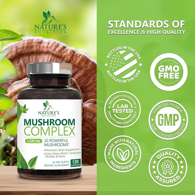 Mushroom Supplement 10 in 1 High Strength Lions Mane Mushroom - Turkey Tail, Reishi, Cordyceps, Chaga & Mushrooms Nootropic Brain Supplements for Memory & Focus Support, Mushroom Complex, 120 Capsules