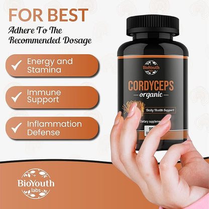 Cordyceps Organic Dietary Supplement - Natural Energy Boost and Respiratory Health Support with Cordyceps Militaris, Clinically Backed, Non-GMO & Allergen-Free | 90 Capsules