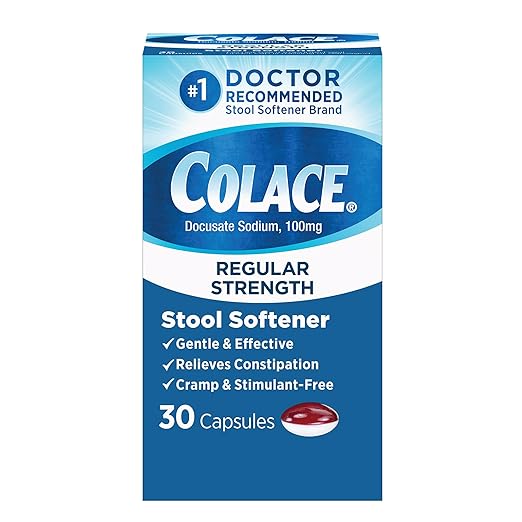Colace Regular Strength Stool Softener for Gentle Effective Constipation Relief, No. 1 Doctor Recommended Stool Softener Brand, 100 mg Docusate Capsules, 30 Count