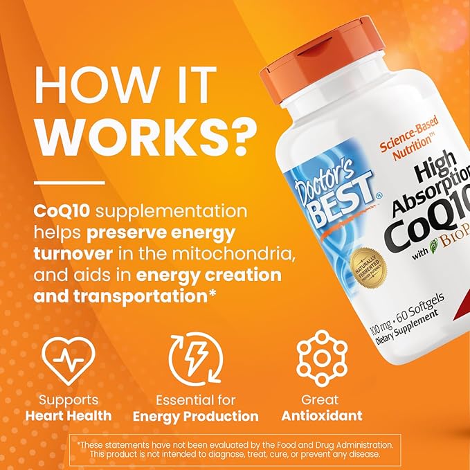 Doctor's Best High Absorption CoQ10 with BioPerine, Gluten Free Naturally Fermented, Heart Health & Energy Production, 100 mg, 60 SoFtgels