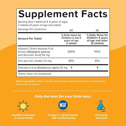 Renzo's Invincible Vitamin C for Kids with Elderberry and Zinc, Dissolvable Kids Vitamins for Immune Support, 60 Orange-Flavored Melty Tabs
