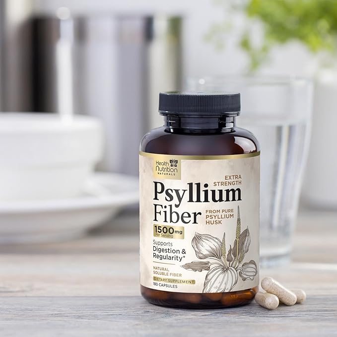 Psyllium Husk Fiber Caps 1500mg Supplement - Psyllium Husk Capsules Daily Support Digestive Health & Regularity, Nature's Plant Based Husks Natural Soluble Fiber Pills, Vegan, Non-GMO - 180 Capsules