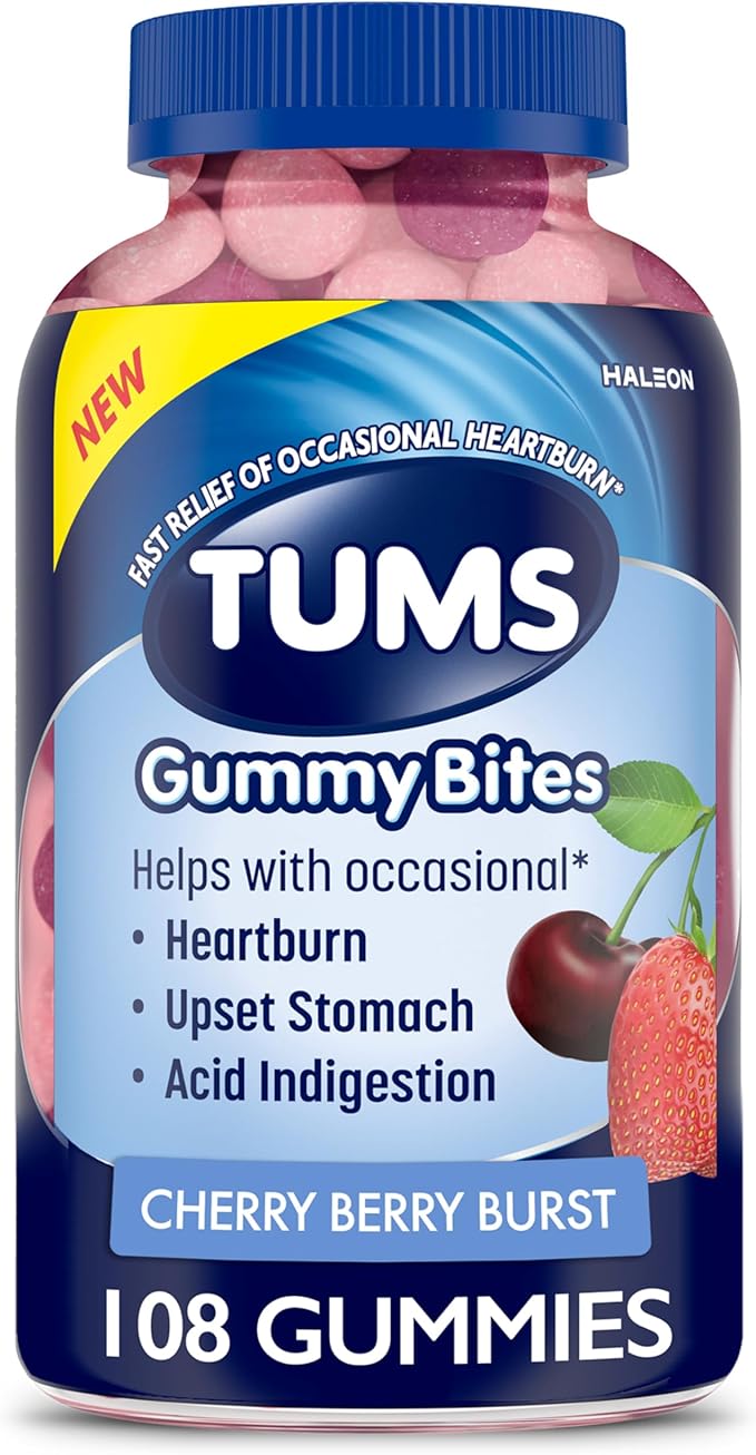 TUMS Gummy Bites Dietary Supplement for Occasional Heartburn Relief, Upset Stomach and Acid Indigestion, Great for a Summer BBQ - Cherry Berry Burst - 108 Count