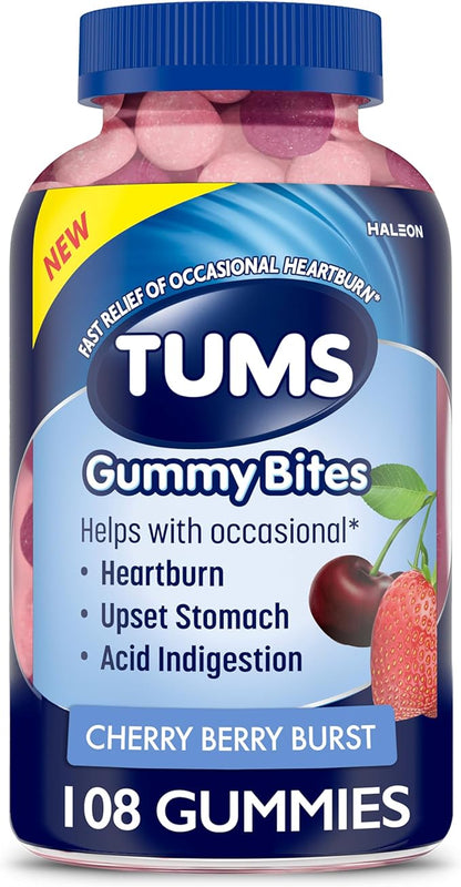 TUMS Gummy Bites Dietary Supplement for Occasional Heartburn Relief, Upset Stomach and Acid Indigestion, Great for a Summer BBQ - Cherry Berry Burst - 108 Count