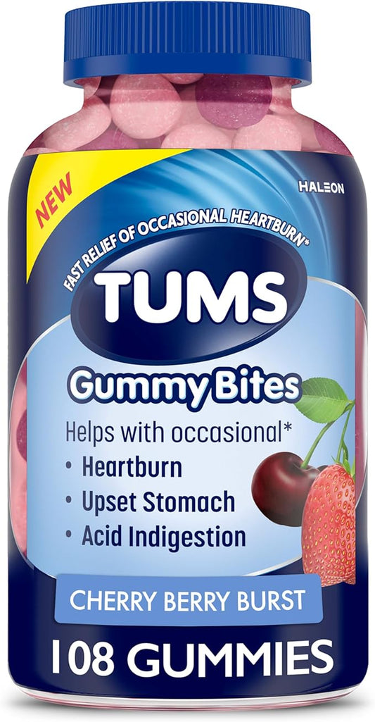 TUMS Gummy Bites Dietary Supplement for Occasional Heartburn Relief, Upset Stomach and Acid Indigestion, Great for a Summer BBQ - Cherry Berry Burst - 108 Count