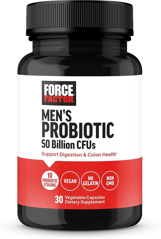 FORCE FACTOR Men’s Probiotic, Probiotics for Digestive Health with 50 Billion CFUs and 10 Probiotic Strains to Support Gut and Colon Health, and Daily Wellness, Non-GMO, Vegan, 30 Vegetable Capsules