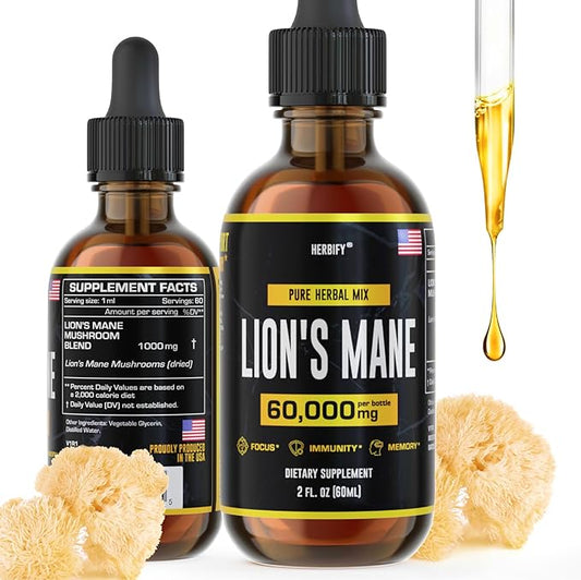 HERBIFY Lions Mane - Lions Mane Mushroom Supplement- Lions Mane Tincture - Lions Mane Immune Support - Lions Mane Tincture for Memory, Focus & Clarity - Daily Mushroom Supplement 2 Fl oz