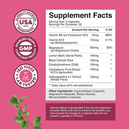 PMS Support Supplement for Women – Hormone Balance for Women & Menstrual Discomfort with DIM, Chasteberry, Black Cohosh & Ashwagandha - for Period Cramps Ease, Menopause Bloating, Mood Swing – 60 Ct
