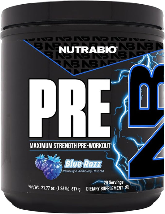 NutraBio PRE Workout Powder - New Formula- Sustained Energy, Mental Focus, Endurance - Beta Alanine, Caffeine, Electrolytes - 20 Servings - Blue Razz