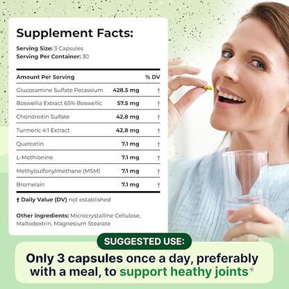 Joint Support Supplement - Glucosamine Chondroitin MSM, Boswellia & Turmeric - Relieves Joint Discomfort & Supports Flexibility - Wellknee Joint Support - 90 Capsules, 30 Servings