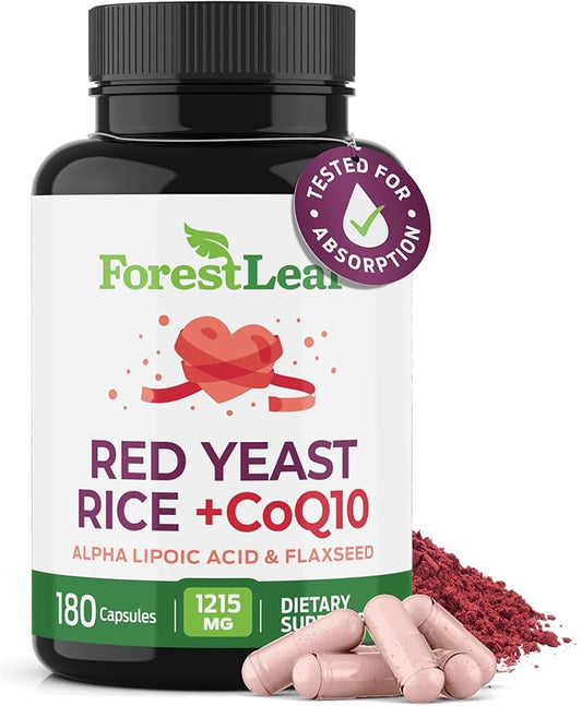 ForestLeaf Red Yeast Rice with CoQ10 Supplement - 1215mg Extra Strength Red Yeast Rice Capsules with Alpha Lipoic Acid & Organic Flaxseed, Citrinin Free - 180 Capsules