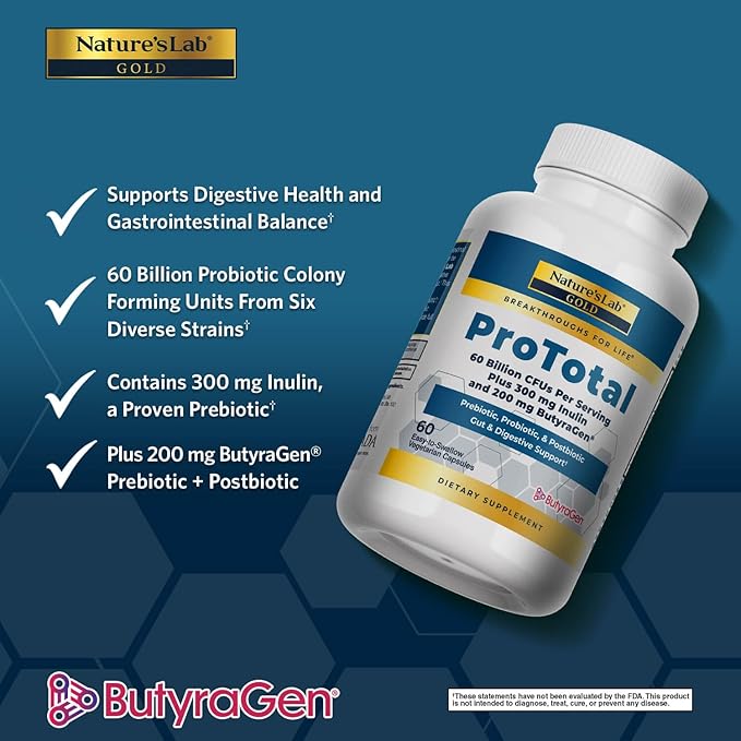 Nature's Lab Gold ProTotal - 60 Billion CFU Probiotic, Prebiotic, Postbiotic, Synbiotic - with Butyragen (Direct Butyrate Generator) 60 Ct