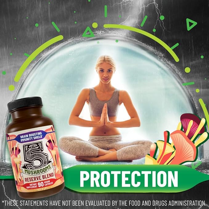 5 Mushrooms Reserve Blend Mushroom Supplement - Lions Mane, Turkey Tail, Reishi, Chaga, Cordyceps - Immune System, Brain, Cognition, Energy, Mood Support
