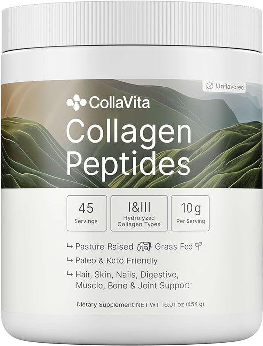 Collagen Peptides for Women & Men Grass-Fed Pasture-Raised Hydrolyzed Collagen Powder Type 1 & 3 for Skin, Hair, Nails and Joints, Non-GMO, Paleo & Keto, Unflavored, 16 Fl oz., 45 Servings