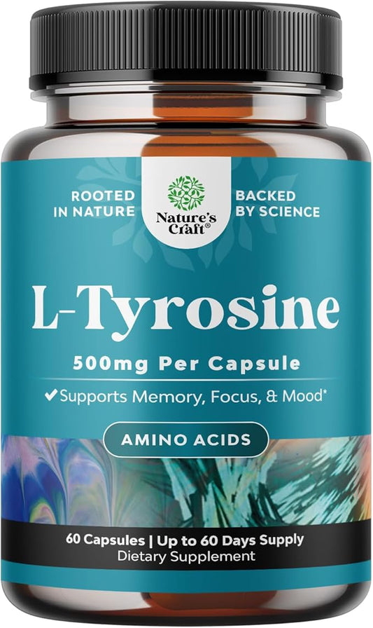 Free Form L Tyrosine 500mg Capsules - High Strength L-Tyrosine Supplement for Mental Energy and Focus Support - Amino Acid Nootropic Supplement for Mood Focus Attention and Cognition (60 Count)