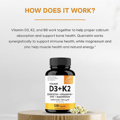 Sandhu's Vitamin D3 K2 Magnesium with Quercetin Capsules for Men & Women | Supports Immunity, Bone Health and Quality Sleep | 120 Count