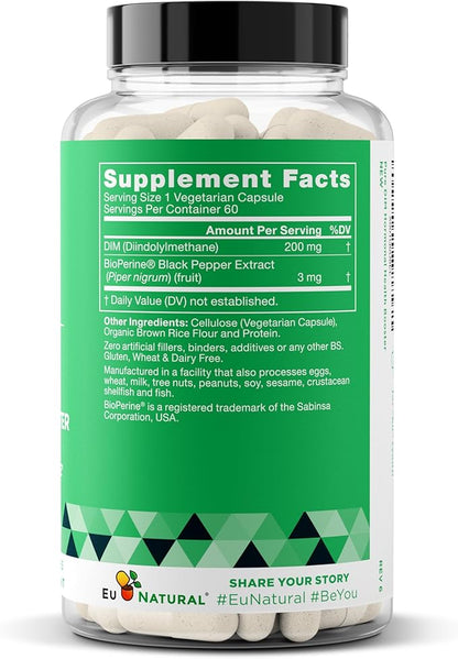 DIM Supplement Pure 200 Mg for Women or Men – Estrogen Hormone Balance Supplement for Energy, Fatigue, Stress, Menopause, Hot Flashes – Enhanced Bioavailability BioPerine – 60 Vegan Soft Capsules