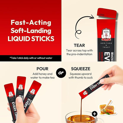 Everytime Korean Red Ginseng Extract 3000mg (Original) - Adaptogen Energy Drink Sugarless Liquid Stick Supplements - Energy Boost & Immune Support, Caffein Free 0.34 Fl Oz (Pack of 30)