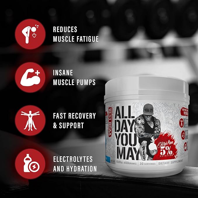 5% Nutrition Rich Piana AllDayYouMay BCAA Powder | Premium Intra & Post Workout Amino Acids, Hydration, Endurance, Muscle Recovery, Joint & Liver Support | 15.3 oz, 30 Servings (Mango Pineapple)
