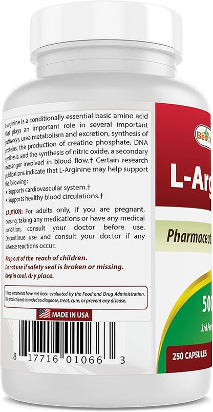 Best Naturals L-Arginine 500mg 250 Capsules (250 Count (Pack of 3))