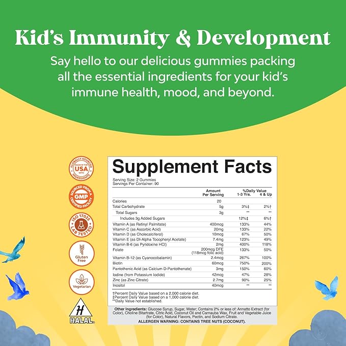 Plant Based Kids Multivitamin Gummies - Multivitamin for Kids Immunity Support Gummies with Vitamins A C D3 E B and Zinc Gelatin and Gluten Free Non-GMO Vitamins Gummy Formula 180ct