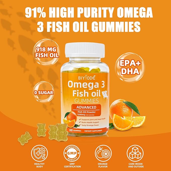 Omega-3 Fish Oil Supplements: Pure 1000mg Omega-3 Gummies Support Heart Joint Eye Brain Immune Health 60 Gummies 30 Day Supply