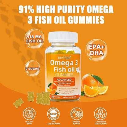 Omega-3 Fish Oil Supplements: Pure 1000mg Omega-3 Gummies Support Heart Joint Eye Brain Immune Health 60 Gummies 30 Day Supply