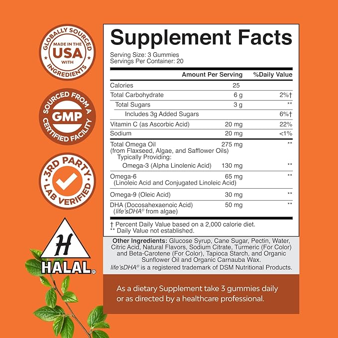 Vegetarian Omega 3 Gummies for Adults - Vegetarian Omega 3 6 9 DHA Gummies for Brain Bone and Heart Health and Joint Support - Burpless Halal Fish Free Plant Based Supplement Men Women