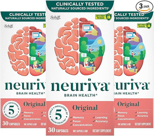NEURIVA Original Brain Supplement for Memory, Focus & Concentration + Learning & Accuracy with Clinically Tested Nootropics Phosphatidylserine and Neurofactor, Caffeine Free, 30 Capsules (3 Pack)
