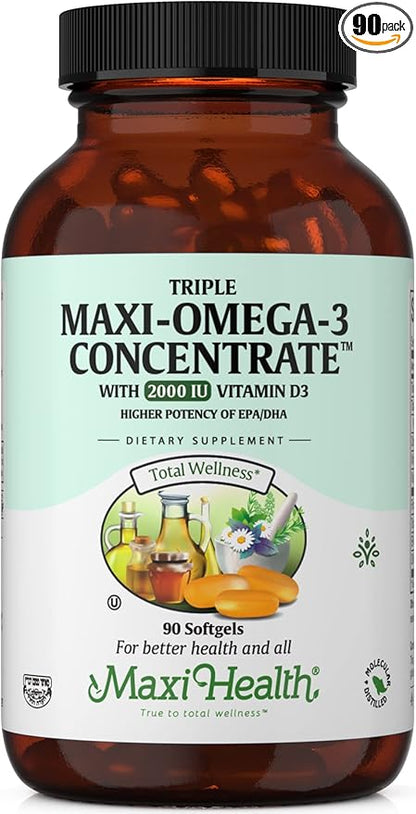 Maxi Health Omega 3 Supplement - Omega-3 Fish Oil Triple Concentrate w/ Vitamin D3 - Potent Source of EPA / DHA Fatty Acids - Heart, Brain, Joint Health - Kosher Wild Caught Marine Fish - 90 Softgels