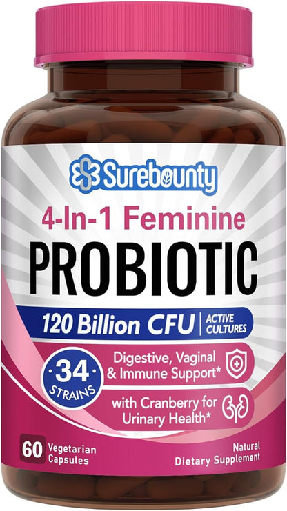 Probiotics for Women, 120 Billion CFU 34 Strains, Prebiotics, Digestive Enzymes, Cranberry, 4-in-1 Feminine Probiotic, Digestive, Vaginal, Immune Support, 60ct