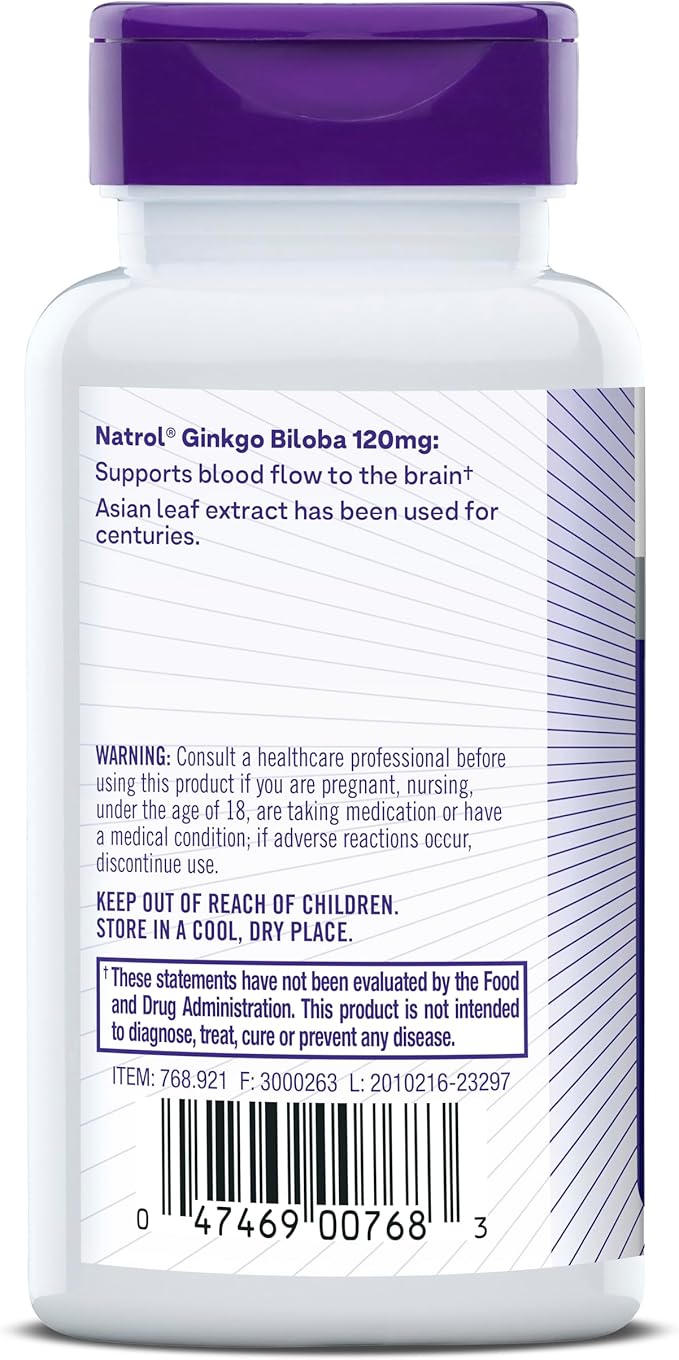 Natrol Brain Health Ginkgo Biloba 120mg, Dietary Supplement for Brain Health and Memory Support, 60 Capsules, 60 Day Supply