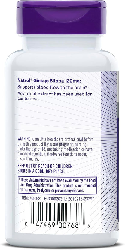 Natrol Brain Health Ginkgo Biloba 120mg, Dietary Supplement for Brain Health and Memory Support, 60 Capsules, 60 Day Supply