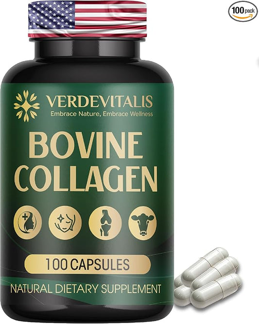 Bovine Collagen Capsules for Men and Women– Type I & III for Hair, Skin, Nails, Joints – Non-GMO, Made in USA – 100 Capsules