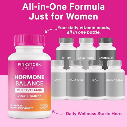 Pink Stork Hormone Balance Multivitamin - Hormone Balance for Women, PMS and Period Relief, Perimenopause, Menopause + Mood Support Supplements, Vitex + Saffron, 60 Capsules