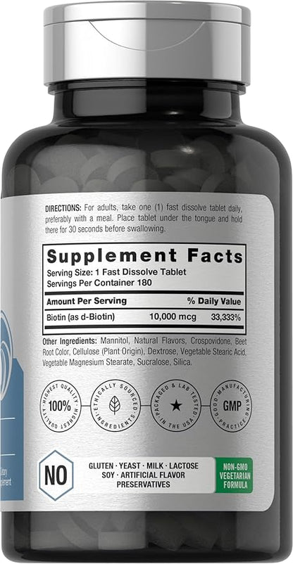 Horbäach Biotin 10000mcg | 180 Fast Dissolve Tablets | Beauty Formula | Vegetarian Supplement | Non-GMO, Gluten Free