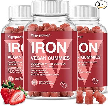 Iron Gummies Supplements for Kids & Women - Multivitamin with Iron for Blood Healthy, Great Tasting Vitamins Gummy with Vitamin C for Max Absorption - Strawberry (3 Packs)