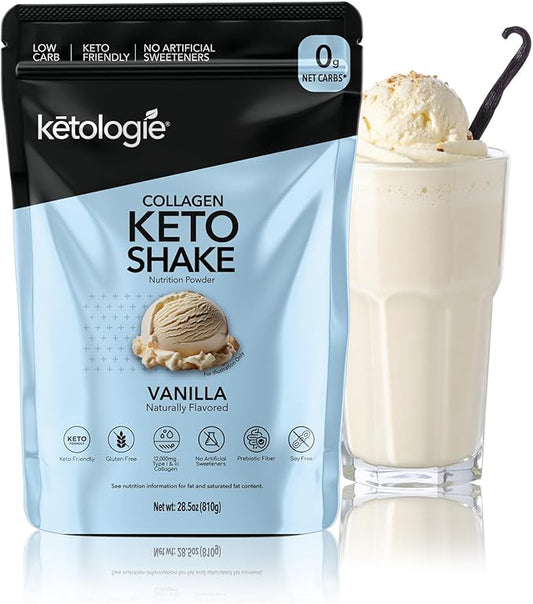 Keto Collagen Shake (Vanilla) - with Coconut Oil, Prebiotics, Grass Fed Hydrolyzed Collagen Peptides Type I & III, Low Carb, Gluten Free,1.78lbs.