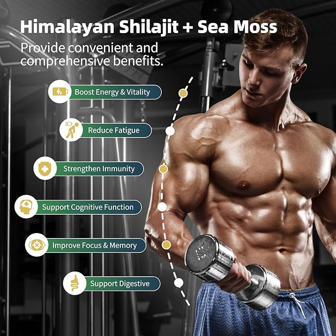 Shilajit for Men, Sea Moss and Shilajit Bundle, All in 1 Supplements with Coenzyme Q10, Black Seed, Ashwagandha, Taurine, Burdock for Energy, Endurance, Antioxidant & Immune Support, 120 Capsules