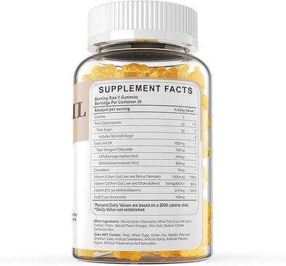 (Made in USA) Cod Liver Oil 1000mg Gummies for Adults & Kids, with Vitamin A & D3 - Omega 3 Fish Oil Alternative - DHA 360mg & EPA 240mg for Brain, Bone, Eye & Immune Health, Sugar Free, 120 Cts