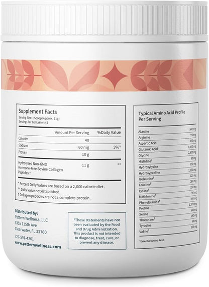 Pattern Wellness Collagen Peptides Powder (Type I & III) - Hair, Nails, Skin and Joint Health - Grass Fed & Pasture Raised - Hydrolyzed Collagen, Non-GMO, Dairy Free, & Keto - Unflavored (16 Oz)